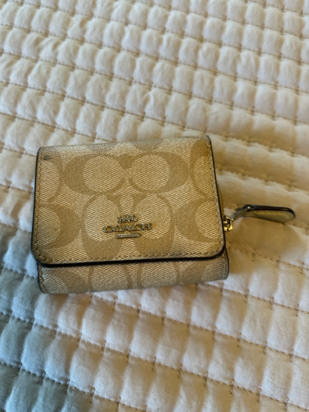 Coach Beige Signature Canvas Compact Wallet with Gold Hardware